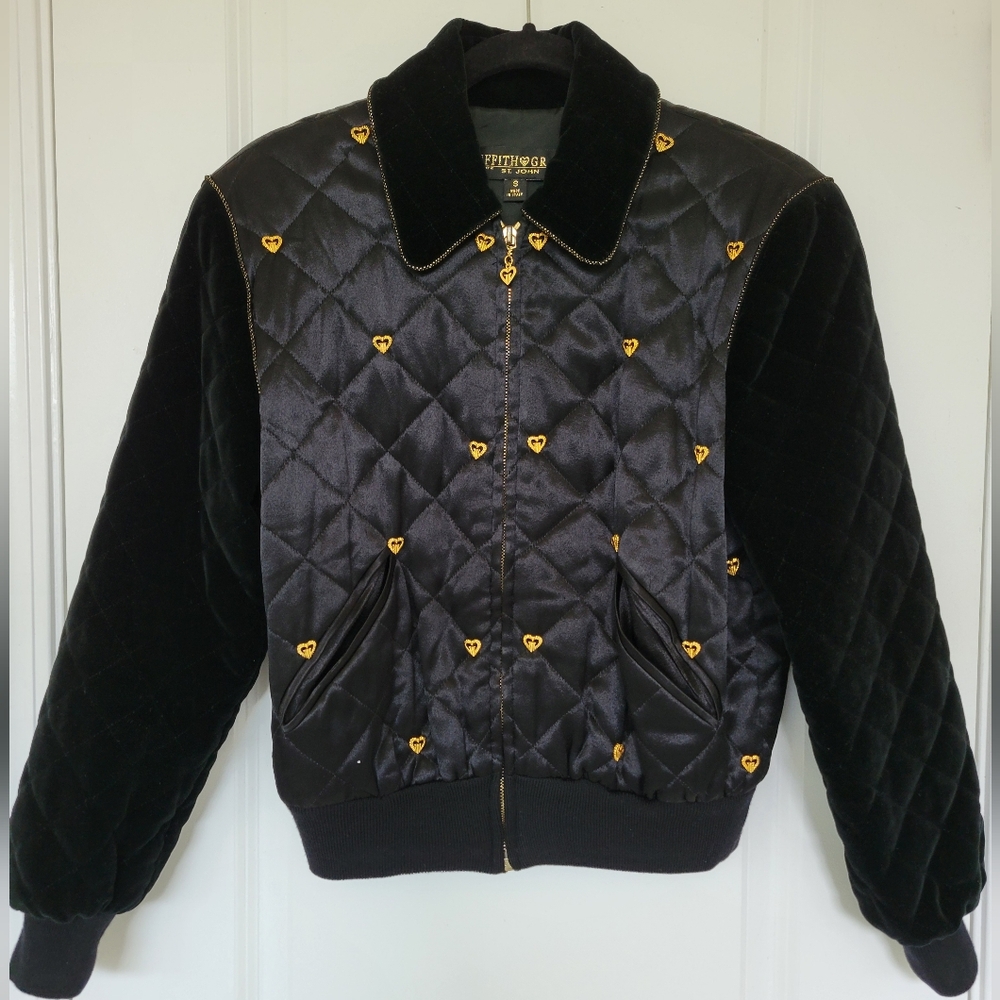 St. John Griffith Gray Satin Velvet Bomber with Charm Studs
